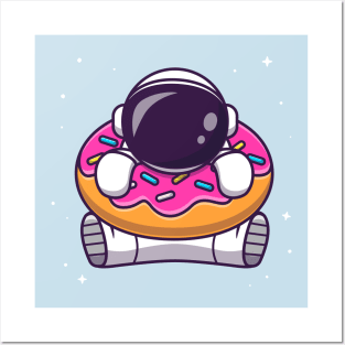 Cute Astronaut With Donut Cartoon Posters and Art